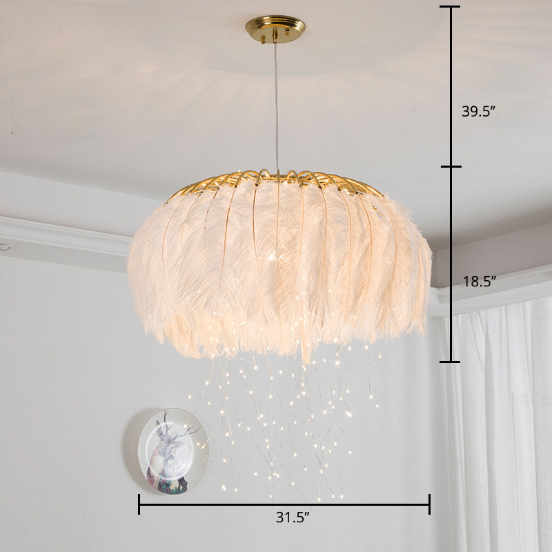 Round Chandelier Nordic Feather Bedroom Ceiling Pendant Light with Firefly LED String Clearhalo 'Ceiling Lights' 'Chandeliers' 'Modern Chandeliers' 'Modern' Lighting' 2461780