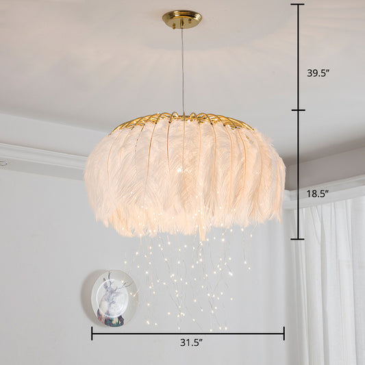 Round Chandelier Nordic Feather Bedroom Ceiling Pendant Light with Firefly LED String Clearhalo 'Ceiling Lights' 'Chandeliers' 'Modern Chandeliers' 'Modern' Lighting' 2461782