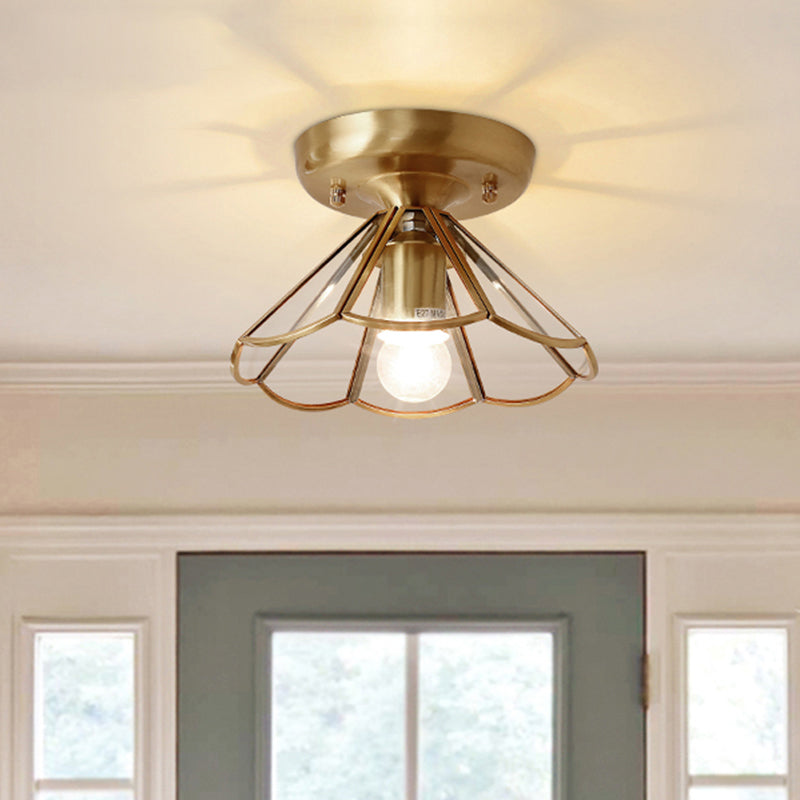 Conical Foyer Ceiling Mounted Light Vintage Glass 1 Bulb Brass Flush Light with Scalloped Edge