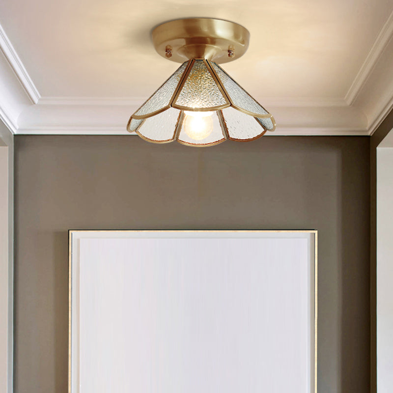 Conical Foyer Ceiling Mounted Light Vintage Glass 1 Bulb Brass Flush Light with Scalloped Edge Textured White Clearhalo 'Ceiling Lights' 'Close To Ceiling Lights' 'Close to ceiling' 'Flush mount' Lighting' 2461795