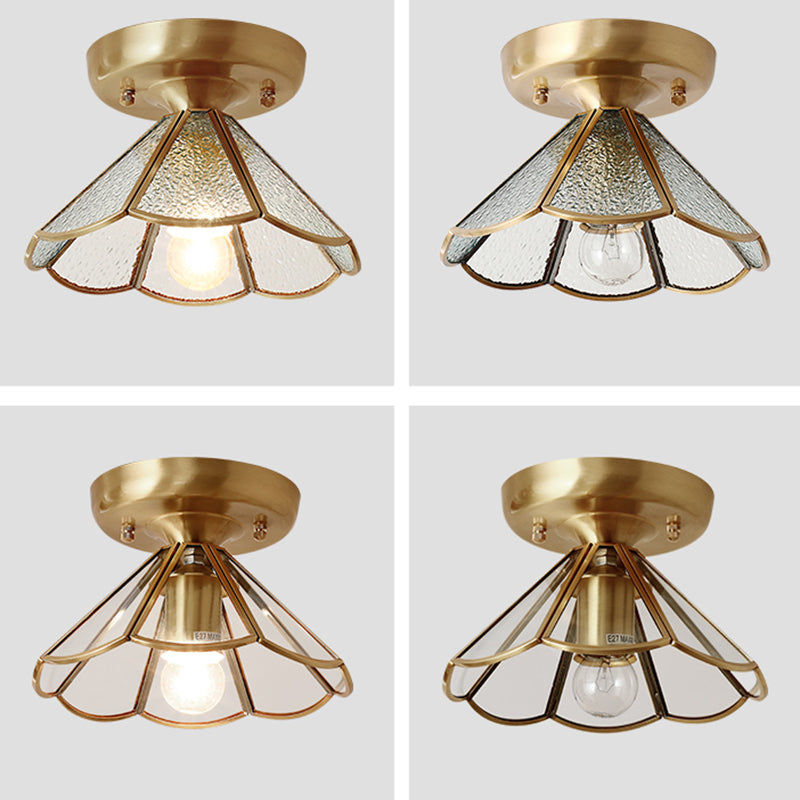 Conical Foyer Ceiling Mounted Light Vintage Glass 1 Bulb Brass Flush Light with Scalloped Edge Clearhalo 'Ceiling Lights' 'Close To Ceiling Lights' 'Close to ceiling' 'Flush mount' Lighting' 2461796