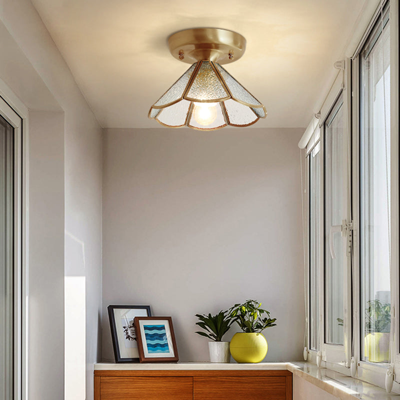 Conical Foyer Ceiling Mounted Light Vintage Glass 1 Bulb Brass Flush Light with Scalloped Edge Clearhalo 'Ceiling Lights' 'Close To Ceiling Lights' 'Close to ceiling' 'Flush mount' Lighting' 2461797