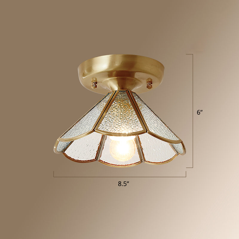 Conical Foyer Ceiling Mounted Light Vintage Glass 1 Bulb Brass Flush Light with Scalloped Edge Clearhalo 'Ceiling Lights' 'Close To Ceiling Lights' 'Close to ceiling' 'Flush mount' Lighting' 2461798