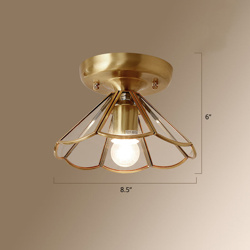 Conical Foyer Ceiling Mounted Light Vintage Glass 1 Bulb Brass Flush Light with Scalloped Edge Clearhalo 'Ceiling Lights' 'Close To Ceiling Lights' 'Close to ceiling' 'Flush mount' Lighting' 2461799