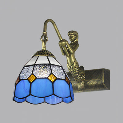 Dome Wall Light Fixture 1 Head Blue/Clear Glass Baroque Sconce Lighting with Mermaid Backplate Clearhalo 'Industrial' 'Middle century wall lights' 'Tiffany wall lights' 'Tiffany' 'Wall Lamps & Sconces' 'Wall Lights' Lighting' 24618