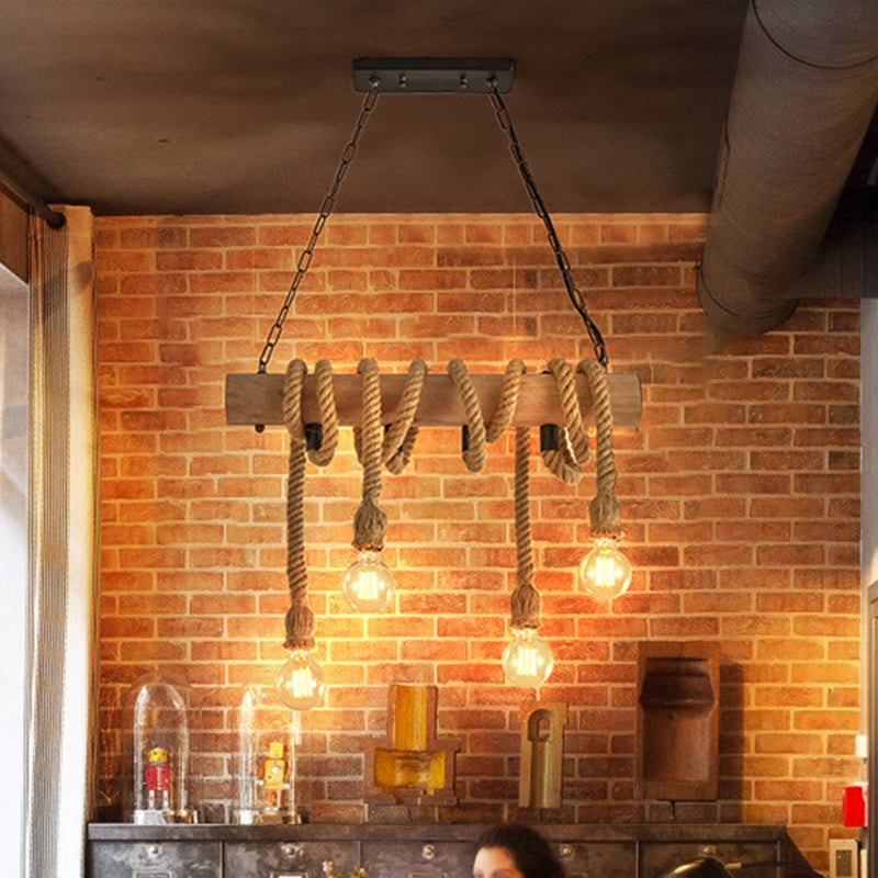 4-Head Open Bulb Island Lighting Fixture Rural Wood Hand-Wrapped Rope Suspension Light Clearhalo 'Ceiling Lights' 'Island Lights' Lighting' 2461800