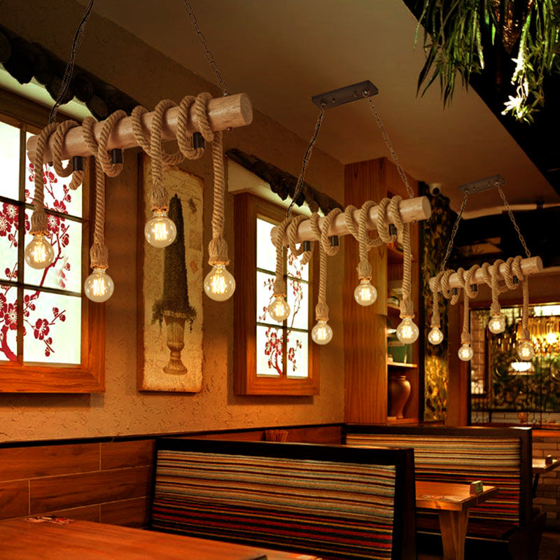 4-Head Open Bulb Island Lighting Fixture Rural Wood Hand-Wrapped Rope Suspension Light Clearhalo 'Ceiling Lights' 'Island Lights' Lighting' 2461802