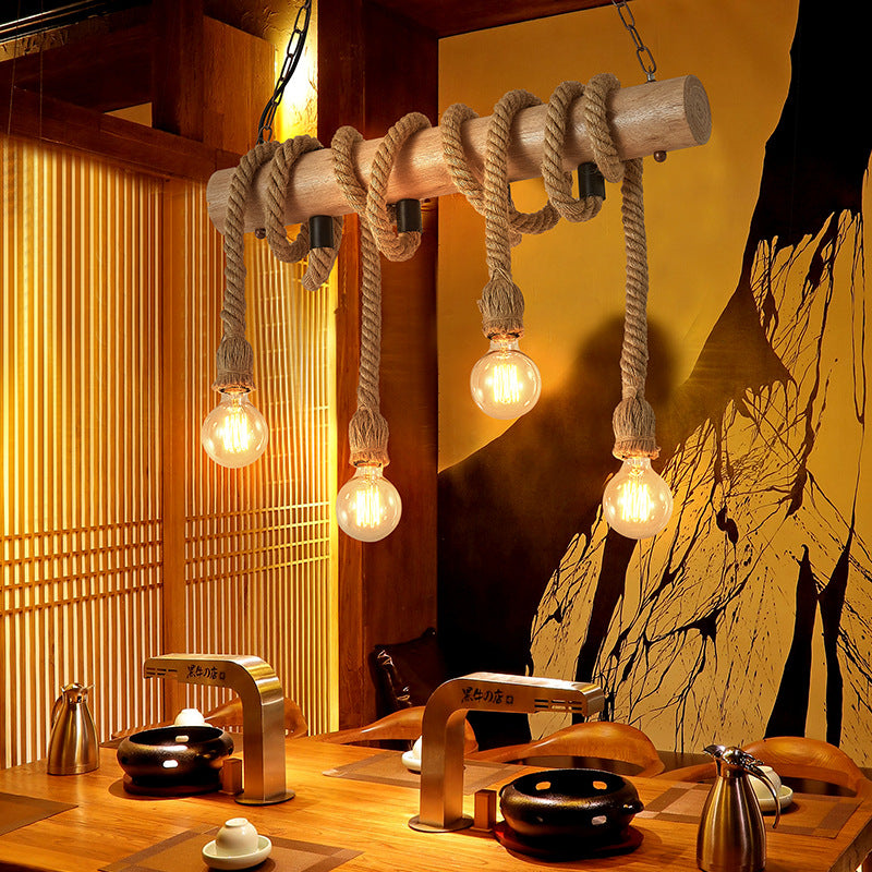 4-Head Open Bulb Island Lighting Fixture Rural Wood Hand-Wrapped Rope Suspension Light Clearhalo 'Ceiling Lights' 'Island Lights' Lighting' 2461803