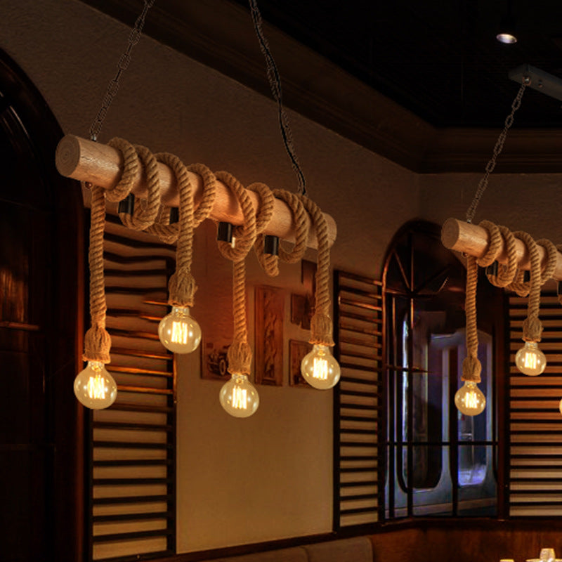 4-Head Open Bulb Island Lighting Fixture Rural Wood Hand-Wrapped Rope Suspension Light Clearhalo 'Ceiling Lights' 'Island Lights' Lighting' 2461804