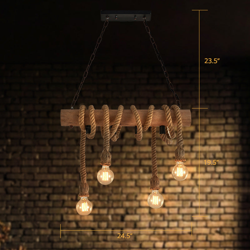 4-Head Open Bulb Island Lighting Fixture Rural Wood Hand-Wrapped Rope Suspension Light Clearhalo 'Ceiling Lights' 'Island Lights' Lighting' 2461806