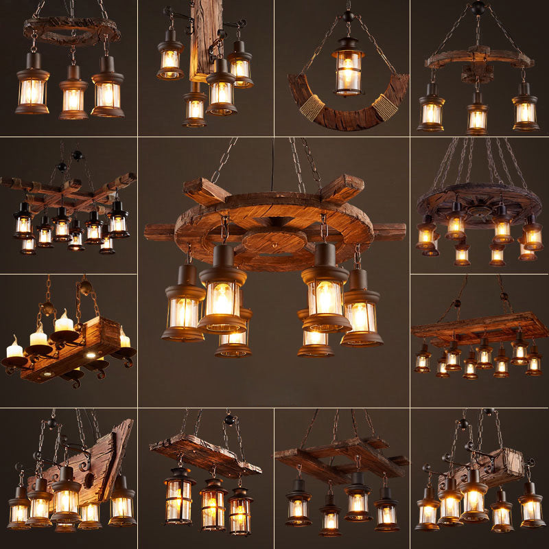 Nautical Style Lantern Chandelier Lamp Wooden Ceiling Pendant Light for Restaurant Clearhalo 'Carpenter Chandeliers' 'Ceiling Lights' 'Chandeliers' 'Industrial Chandeliers' 'Industrial' 'Middle Century Chandeliers' 'Modern' 'Tiffany' Lighting' 2461850