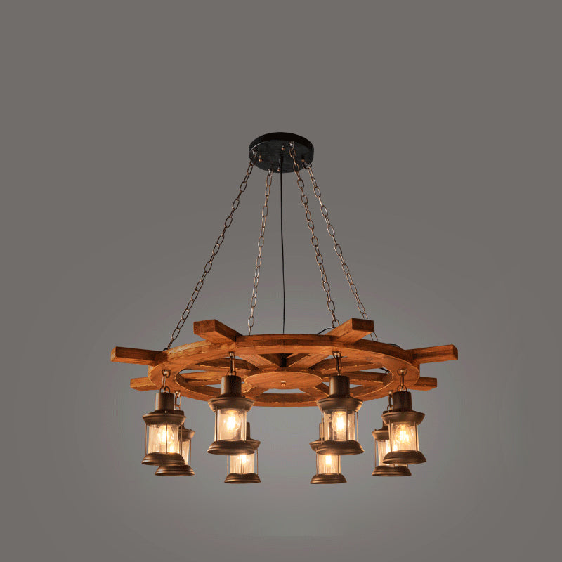 Nautical Style Lantern Chandelier Lamp Wooden Ceiling Pendant Light for Restaurant Wood Steering Wheel Clearhalo 'Carpenter Chandeliers' 'Ceiling Lights' 'Chandeliers' 'Industrial Chandeliers' 'Industrial' 'Middle Century Chandeliers' 'Modern' 'Tiffany' Lighting' 2461851