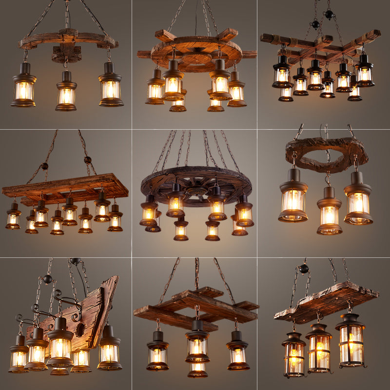 Nautical Style Lantern Chandelier Lamp Wooden Ceiling Pendant Light for Restaurant Clearhalo 'Carpenter Chandeliers' 'Ceiling Lights' 'Chandeliers' 'Industrial Chandeliers' 'Industrial' 'Middle Century Chandeliers' 'Modern' 'Tiffany' Lighting' 2461853