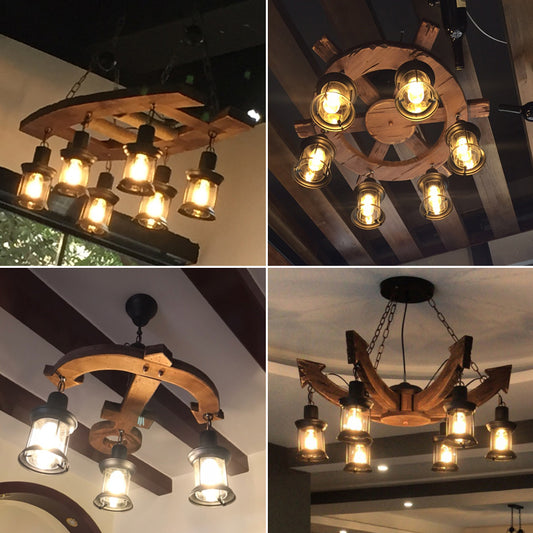 Nautical Style Lantern Chandelier Lamp Wooden Ceiling Pendant Light for Restaurant Clearhalo 'Carpenter Chandeliers' 'Ceiling Lights' 'Chandeliers' 'Industrial Chandeliers' 'Industrial' 'Middle Century Chandeliers' 'Modern' 'Tiffany' Lighting' 2461856