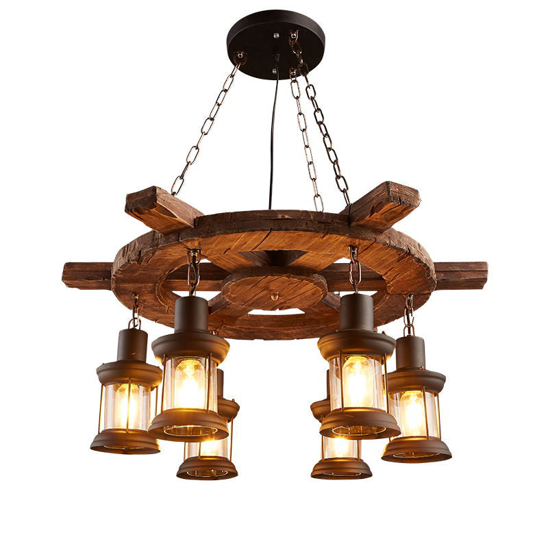 Nautical Style Lantern Chandelier Lamp Wooden Ceiling Pendant Light for Restaurant Clearhalo 'Carpenter Chandeliers' 'Ceiling Lights' 'Chandeliers' 'Industrial Chandeliers' 'Industrial' 'Middle Century Chandeliers' 'Modern' 'Tiffany' Lighting' 2461859