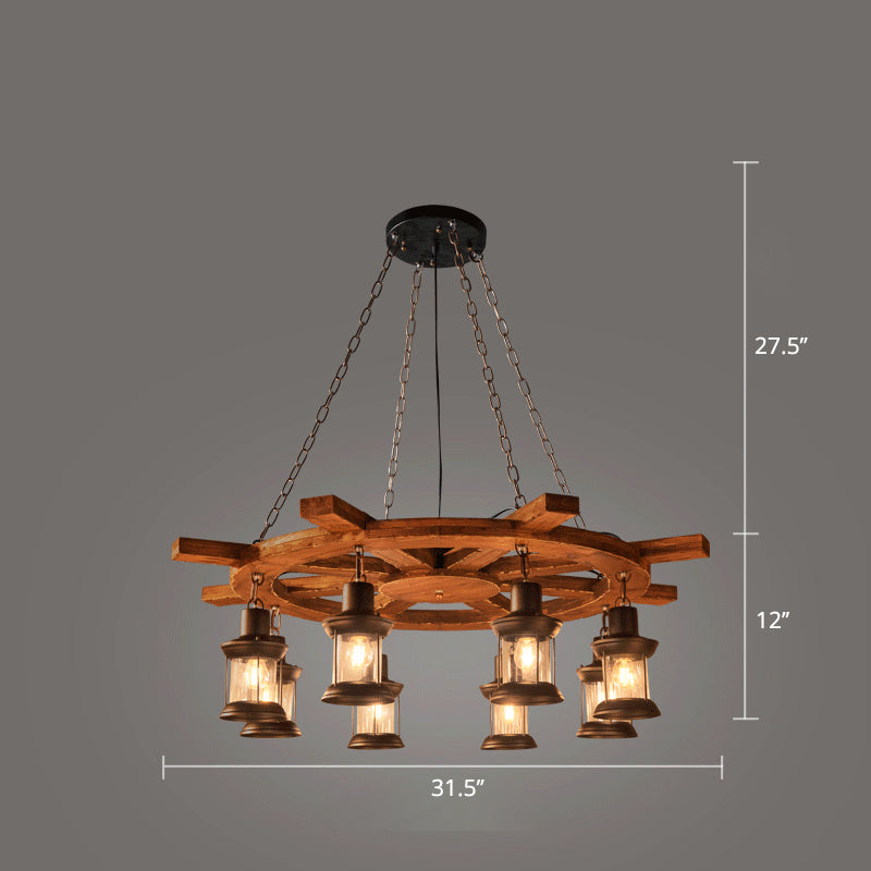 Nautical Style Lantern Chandelier Lamp Wooden Ceiling Pendant Light for Restaurant Clearhalo 'Carpenter Chandeliers' 'Ceiling Lights' 'Chandeliers' 'Industrial Chandeliers' 'Industrial' 'Middle Century Chandeliers' 'Modern' 'Tiffany' Lighting' 2461860