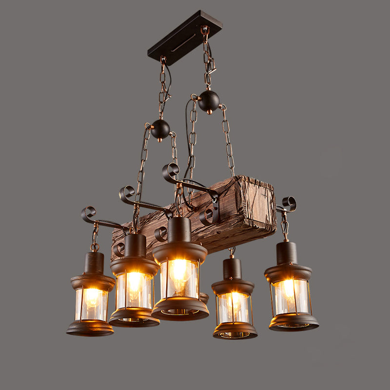 Nautical Style Lantern Chandelier Lamp Wooden Ceiling Pendant Light for Restaurant Wood Tube Clearhalo 'Carpenter Chandeliers' 'Ceiling Lights' 'Chandeliers' 'Industrial Chandeliers' 'Industrial' 'Middle Century Chandeliers' 'Modern' 'Tiffany' Lighting' 2461873