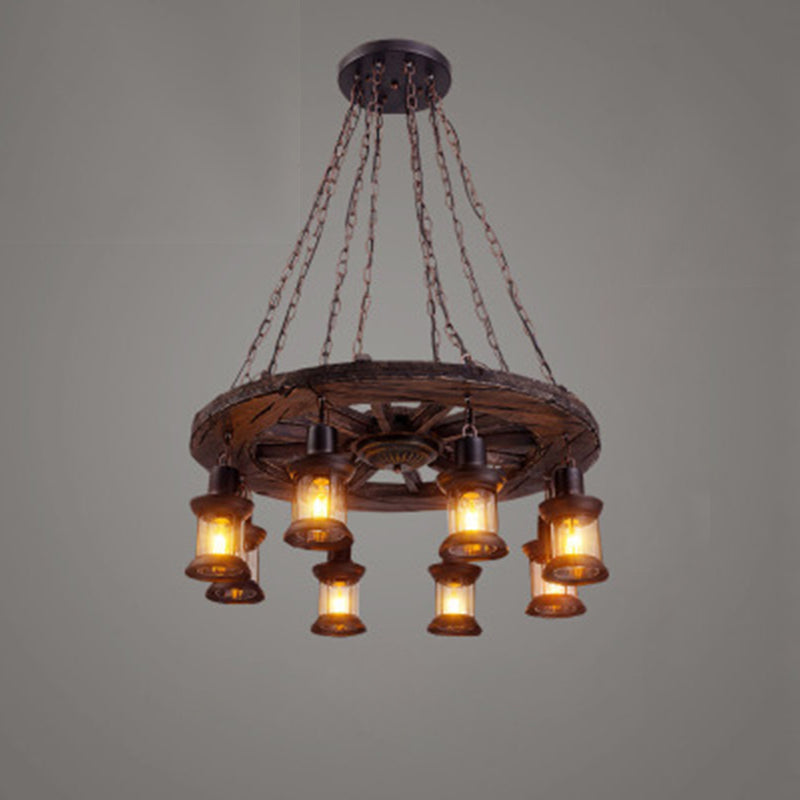 Nautical Style Lantern Chandelier Lamp Wooden Ceiling Pendant Light for Restaurant Wood Wheel Clearhalo 'Carpenter Chandeliers' 'Ceiling Lights' 'Chandeliers' 'Industrial Chandeliers' 'Industrial' 'Middle Century Chandeliers' 'Modern' 'Tiffany' Lighting' 2461874
