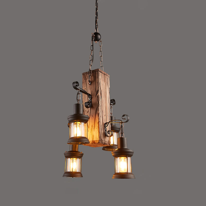 Nautical Style Lantern Chandelier Lamp Wooden Ceiling Pendant Light for Restaurant Wood Long Column Clearhalo 'Carpenter Chandeliers' 'Ceiling Lights' 'Chandeliers' 'Industrial Chandeliers' 'Industrial' 'Middle Century Chandeliers' 'Modern' 'Tiffany' Lighting' 2461885