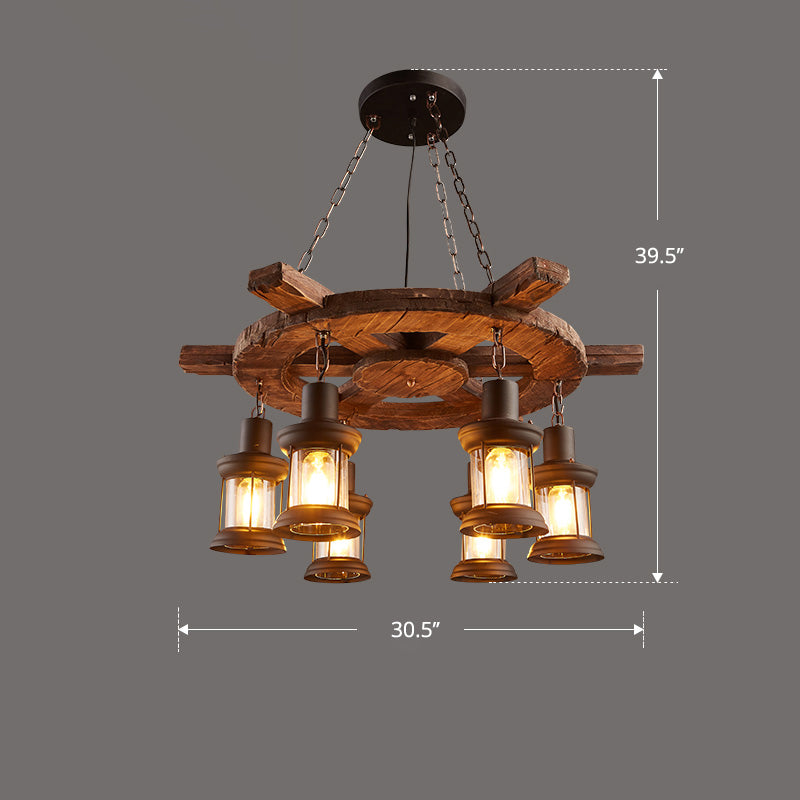 Nautical Style Lantern Chandelier Lamp Wooden Ceiling Pendant Light for Restaurant Clearhalo 'Carpenter Chandeliers' 'Ceiling Lights' 'Chandeliers' 'Industrial Chandeliers' 'Industrial' 'Middle Century Chandeliers' 'Modern' 'Tiffany' Lighting' 2461889