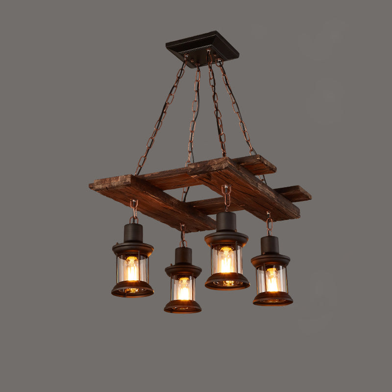 Nautical Style Lantern Chandelier Lamp Wooden Ceiling Pendant Light for Restaurant Wood Square Clearhalo 'Carpenter Chandeliers' 'Ceiling Lights' 'Chandeliers' 'Industrial Chandeliers' 'Industrial' 'Middle Century Chandeliers' 'Modern' 'Tiffany' Lighting' 2461892