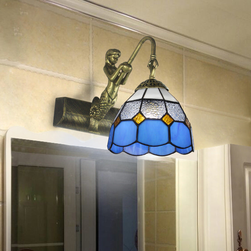 Dome Wall Light Fixture 1 Head Blue/Clear Glass Baroque Sconce Lighting with Mermaid Backplate Clear Clearhalo 'Industrial' 'Middle century wall lights' 'Tiffany wall lights' 'Tiffany' 'Wall Lamps & Sconces' 'Wall Lights' Lighting' 24619
