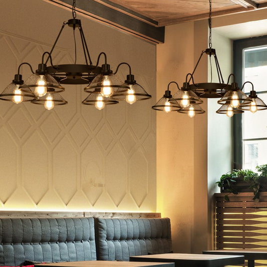 Conical Mesh Shade Chandelier Industrial Black Metallic Suspended Lighting Fixture for Restaurant Clearhalo 'Cast Iron' 'Ceiling Lights' 'Chandeliers' 'Industrial Chandeliers' 'Industrial' 'Metal' 'Middle Century Chandeliers' 'Rustic Chandeliers' 'Tiffany' Lighting' 2461983