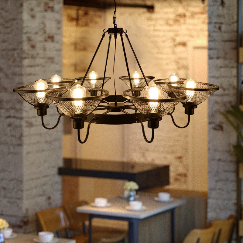 Conical Mesh Shade Chandelier Industrial Black Metallic Suspended Lighting Fixture for Restaurant Clearhalo 'Cast Iron' 'Ceiling Lights' 'Chandeliers' 'Industrial Chandeliers' 'Industrial' 'Metal' 'Middle Century Chandeliers' 'Rustic Chandeliers' 'Tiffany' Lighting' 2461985