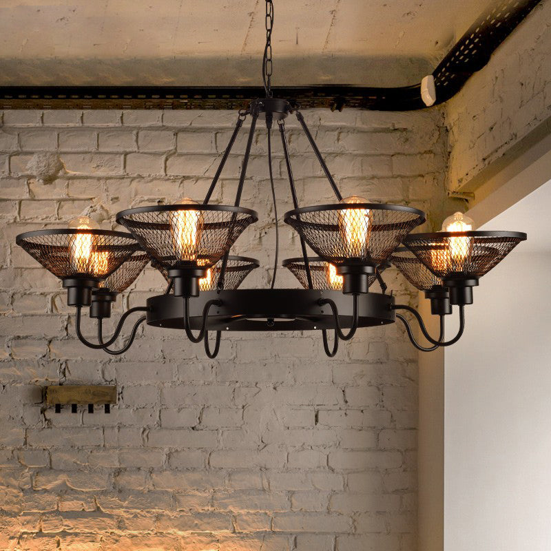Conical Mesh Shade Chandelier Industrial Black Metallic Suspended Lighting Fixture for Restaurant Clearhalo 'Cast Iron' 'Ceiling Lights' 'Chandeliers' 'Industrial Chandeliers' 'Industrial' 'Metal' 'Middle Century Chandeliers' 'Rustic Chandeliers' 'Tiffany' Lighting' 2461987
