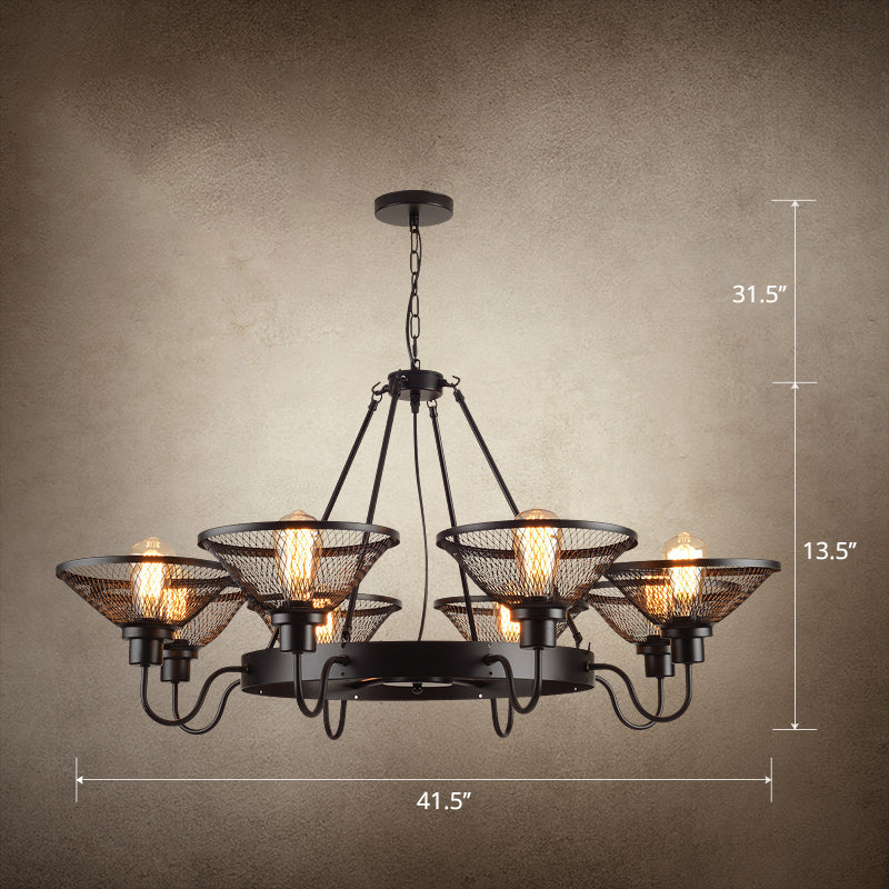 Conical Mesh Shade Chandelier Industrial Black Metallic Suspended Lighting Fixture for Restaurant Clearhalo 'Cast Iron' 'Ceiling Lights' 'Chandeliers' 'Industrial Chandeliers' 'Industrial' 'Metal' 'Middle Century Chandeliers' 'Rustic Chandeliers' 'Tiffany' Lighting' 2461989