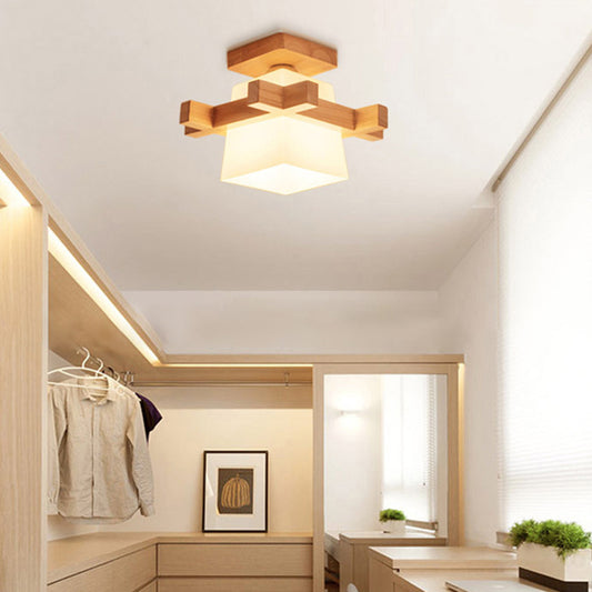 Trapezoid Aisle Ceiling Mount Lamp White Glass 1-Head Modern Flush Mount Light in Wood Clearhalo 'Ceiling Lights' 'Close To Ceiling Lights' 'Close to ceiling' 'Flush mount' Lighting' 2461994