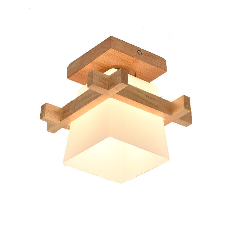Trapezoid Aisle Ceiling Mount Lamp White Glass 1-Head Modern Flush Mount Light in Wood Clearhalo 'Ceiling Lights' 'Close To Ceiling Lights' 'Close to ceiling' 'Flush mount' Lighting' 2461997