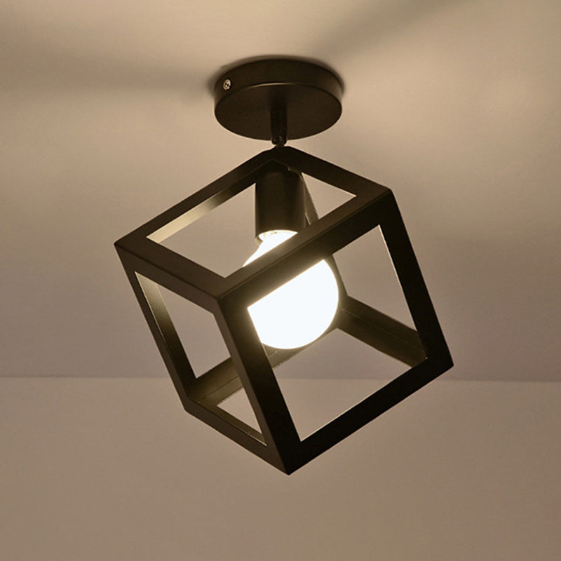 Iron Caged Flushmount Ceiling Lamp Industrial 1-Bulb Hallway Flush Mount Lighting in Black Black Square Clearhalo 'Ceiling Lights' 'Close To Ceiling Lights' 'Close to ceiling' 'Flush mount' 'Industrial Flush Mount' Lighting' 2461998