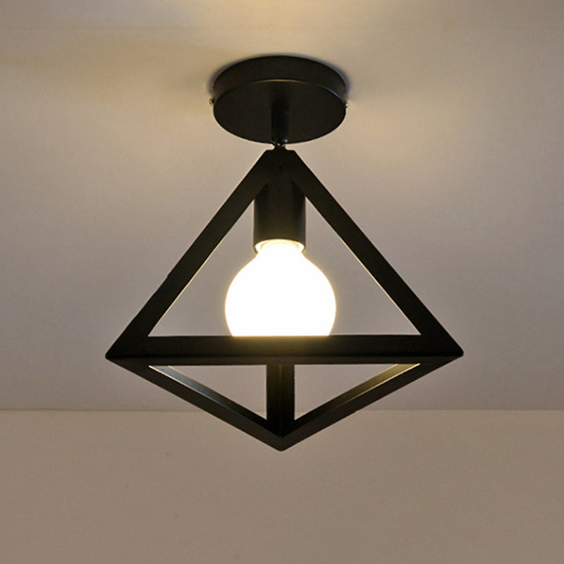 Iron Caged Flushmount Ceiling Lamp Industrial 1-Bulb Hallway Flush Mount Lighting in Black Black Triangle Clearhalo 'Ceiling Lights' 'Close To Ceiling Lights' 'Close to ceiling' 'Flush mount' 'Industrial Flush Mount' Lighting' 2461999