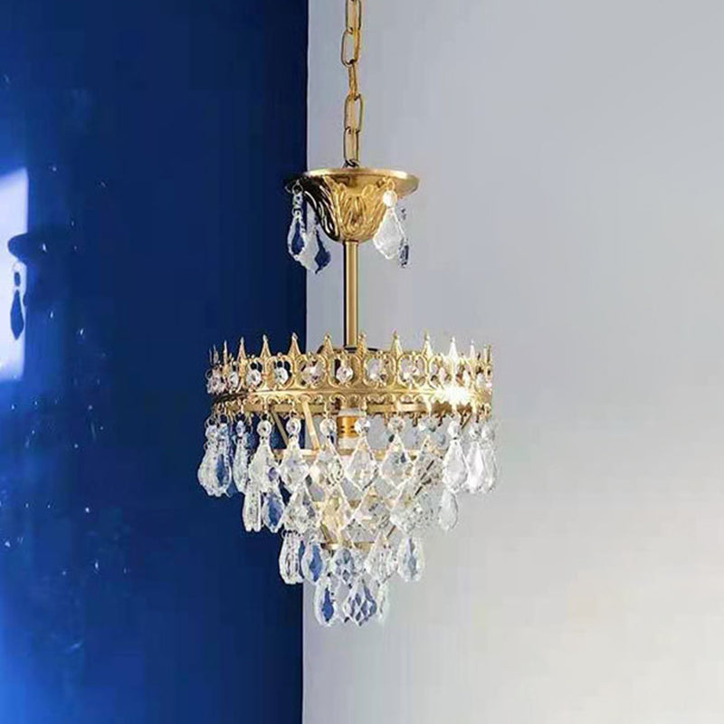 Vintage Crown Shaped Pendant Lighting Fixture Single-Bulb Metal Ceiling Light with Tapered Crystal Drops Gold 10" Clearhalo 'Ceiling Lights' 'Modern Pendants' 'Modern' 'Pendant Lights' 'Pendants' Lighting' 2462042