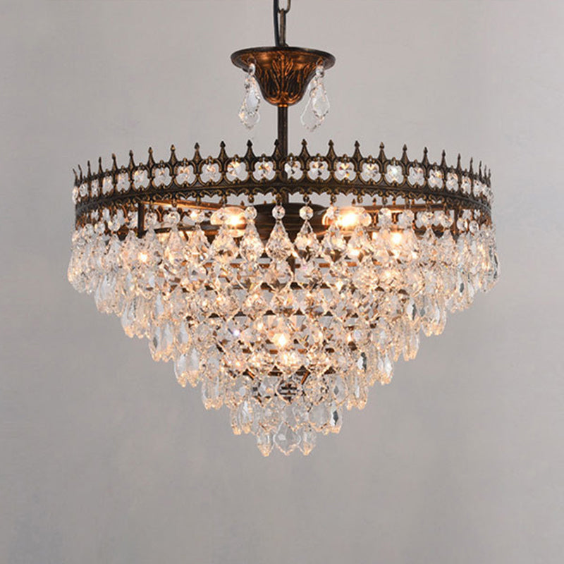Vintage Crown Shaped Pendant Lighting Fixture Single-Bulb Metal Ceiling Light with Tapered Crystal Drops Black 19.5" Clearhalo 'Ceiling Lights' 'Modern Pendants' 'Modern' 'Pendant Lights' 'Pendants' Lighting' 2462044