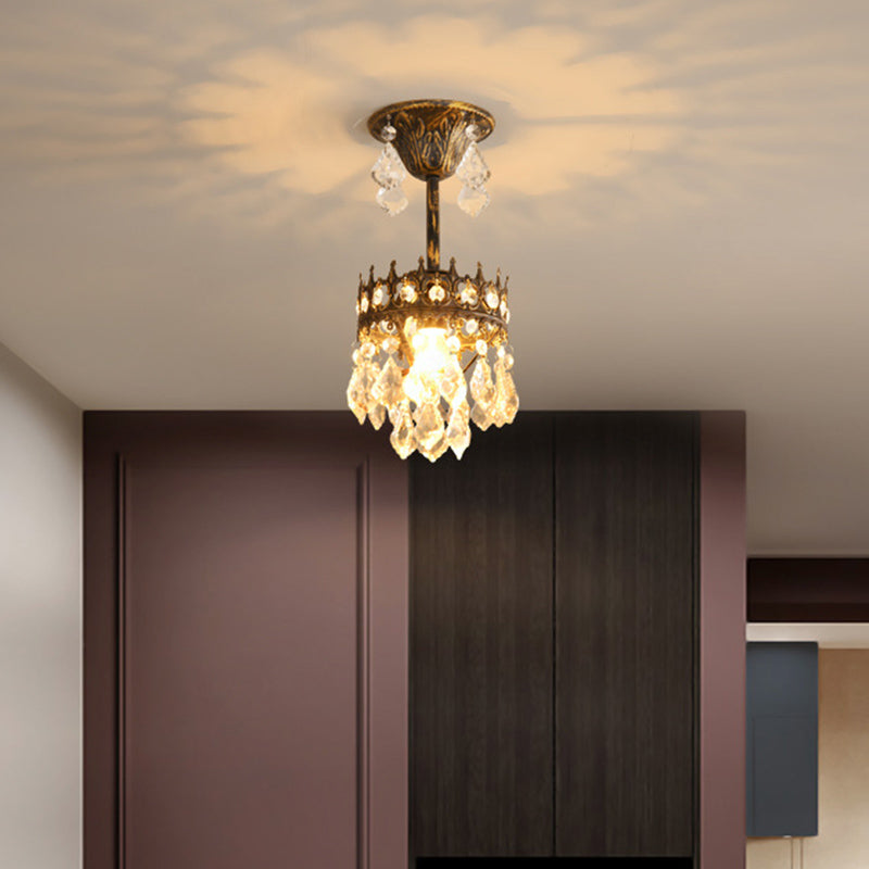 Vintage Crown Shaped Pendant Lighting Fixture Single-Bulb Metal Ceiling Light with Tapered Crystal Drops Gold 5.5" Clearhalo 'Ceiling Lights' 'Modern Pendants' 'Modern' 'Pendant Lights' 'Pendants' Lighting' 2462045