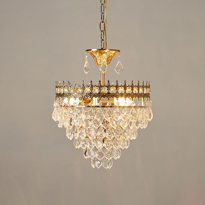 Vintage Crown Shaped Pendant Lighting Fixture Single-Bulb Metal Ceiling Light with Tapered Crystal Drops Gold 14" Clearhalo 'Ceiling Lights' 'Modern Pendants' 'Modern' 'Pendant Lights' 'Pendants' Lighting' 2462047