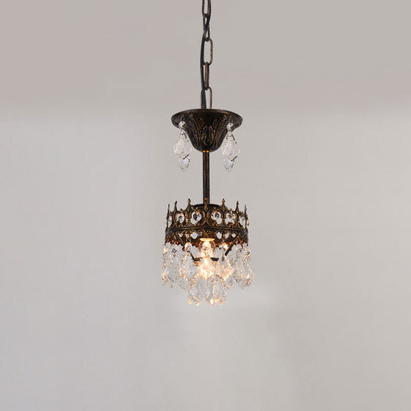 Vintage Crown Shaped Pendant Lighting Fixture Single-Bulb Metal Ceiling Light with Tapered Crystal Drops Black 5.5" Clearhalo 'Ceiling Lights' 'Modern Pendants' 'Modern' 'Pendant Lights' 'Pendants' Lighting' 2462048