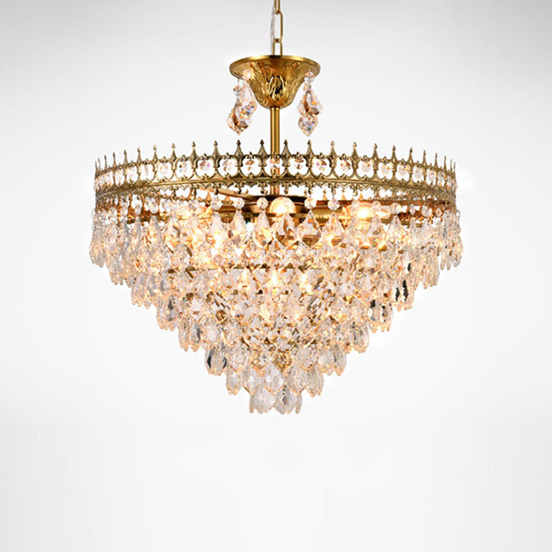 Vintage Crown Shaped Pendant Lighting Fixture Single-Bulb Metal Ceiling Light with Tapered Crystal Drops Gold 19.5" Clearhalo 'Ceiling Lights' 'Modern Pendants' 'Modern' 'Pendant Lights' 'Pendants' Lighting' 2462050