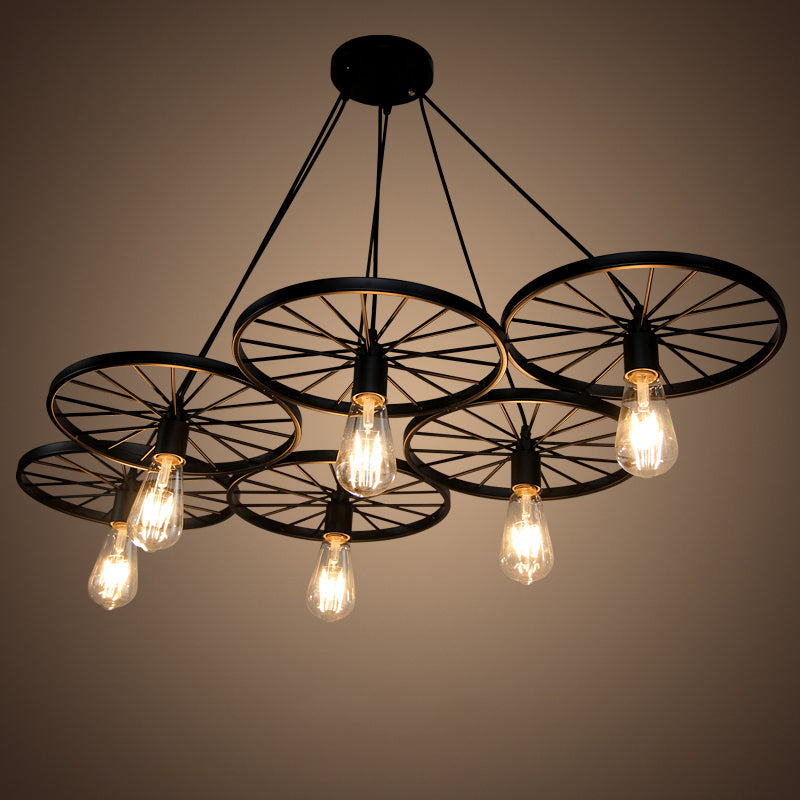 Black Wheel Chandelier Lighting Industrial Metal Living Room Hanging Light Fixture 6 Black Clearhalo 'Cast Iron' 'Ceiling Lights' 'Chandeliers' 'Industrial Chandeliers' 'Industrial' 'Metal' 'Middle Century Chandeliers' 'Rustic Chandeliers' 'Tiffany' Lighting' 2462057