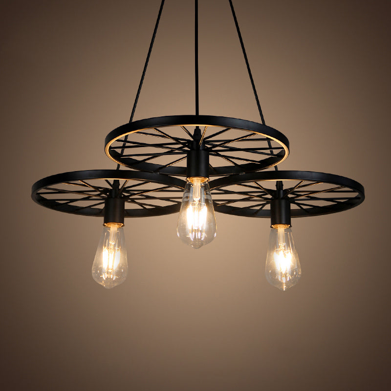 Black Wheel Chandelier Lighting Industrial Metal Living Room Hanging Light Fixture 3 Black Clearhalo 'Cast Iron' 'Ceiling Lights' 'Chandeliers' 'Industrial Chandeliers' 'Industrial' 'Metal' 'Middle Century Chandeliers' 'Rustic Chandeliers' 'Tiffany' Lighting' 2462058