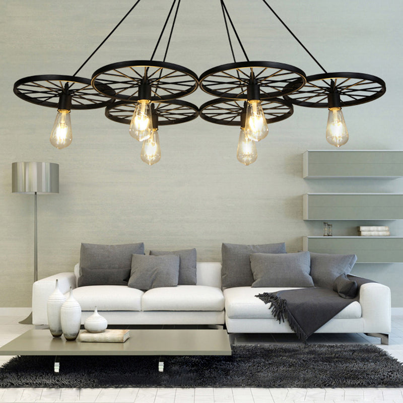 Black Wheel Chandelier Lighting Industrial Metal Living Room Hanging Light Fixture Clearhalo 'Cast Iron' 'Ceiling Lights' 'Chandeliers' 'Industrial Chandeliers' 'Industrial' 'Metal' 'Middle Century Chandeliers' 'Rustic Chandeliers' 'Tiffany' Lighting' 2462061