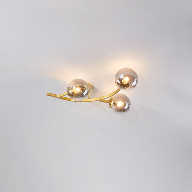 Branch Semi Flush Mount Lighting Postmodern Ball Glass Ceiling Light for Living Room 3 Gold Smoke Grey Clearhalo 'Ceiling Lights' 'Close To Ceiling Lights' 'Close to ceiling' 'Glass shade' 'Glass' 'Semi-flushmount' Lighting' 2462109