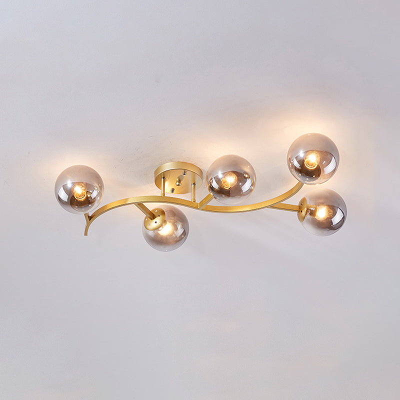 Branch Semi Flush Mount Lighting Postmodern Ball Glass Ceiling Light for Living Room 5 Gold Smoke Grey Clearhalo 'Ceiling Lights' 'Close To Ceiling Lights' 'Close to ceiling' 'Glass shade' 'Glass' 'Semi-flushmount' Lighting' 2462121