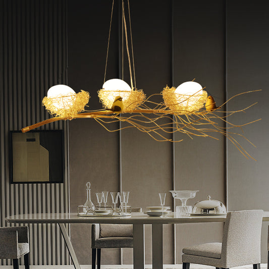 Aluminum Wire Nest Island Lamp Artistic Dining Room Suspension Lamp with Egg and Bird in Wood Clearhalo 'Ceiling Lights' 'Island Lights' Lighting' 2462137