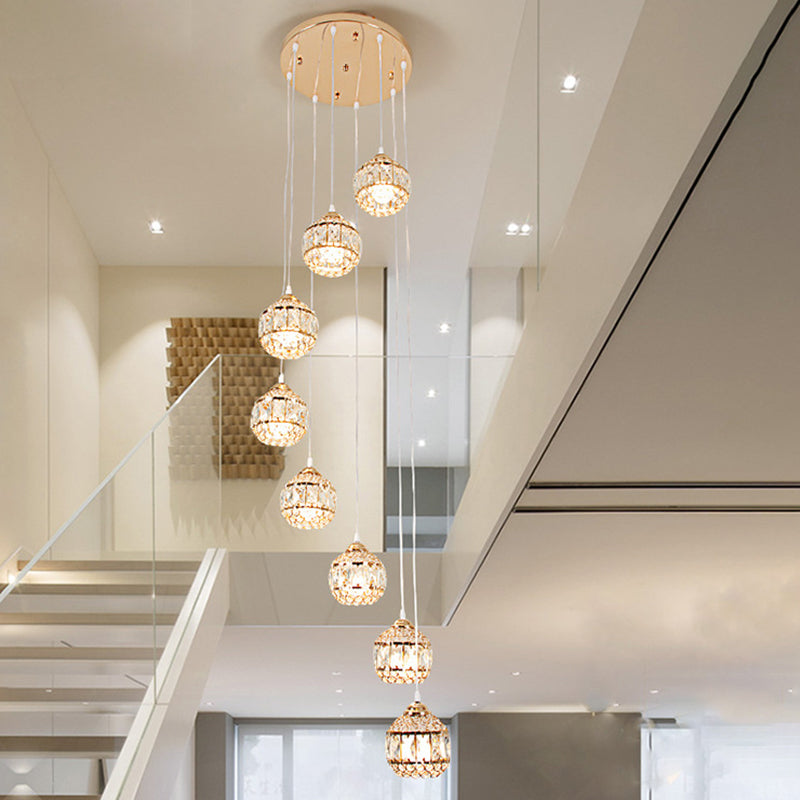 Crystal Encrusted Sphere Multi-Light Pendant Modern Style Ceiling Hanging Lantern in Gold for Staircase Clearhalo 'Ceiling Lights' 'Modern Pendants' 'Modern' 'Pendant Lights' 'Pendants' Lighting' 2462190