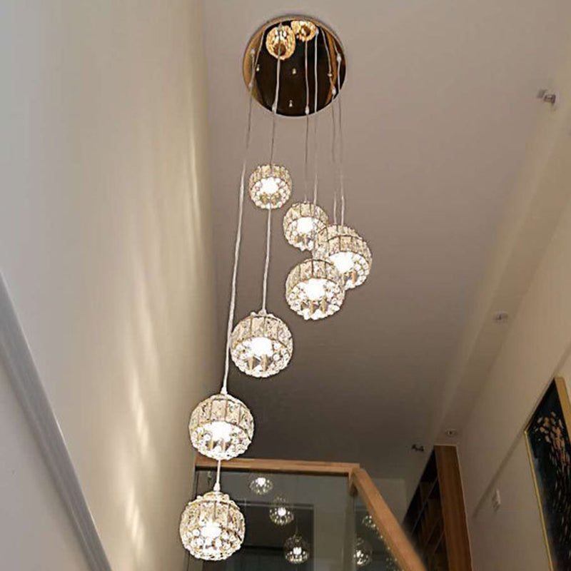 Crystal Encrusted Sphere Multi-Light Pendant Modern Style Ceiling Hanging Lantern in Gold for Staircase 8 Gold Spiral Clearhalo 'Ceiling Lights' 'Modern Pendants' 'Modern' 'Pendant Lights' 'Pendants' Lighting' 2462191
