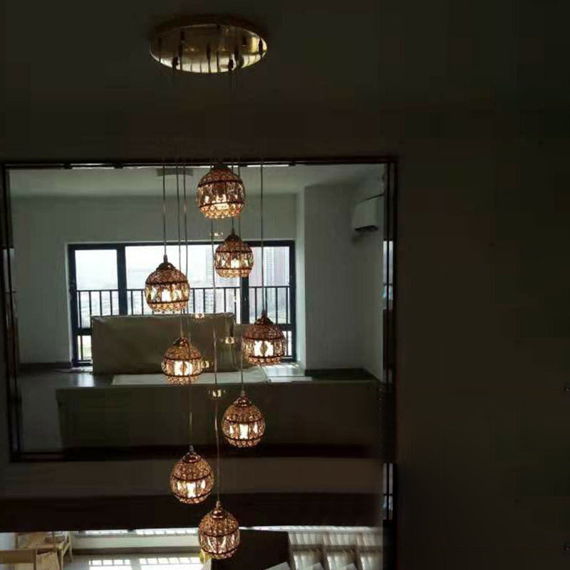 Crystal Encrusted Sphere Multi-Light Pendant Modern Style Ceiling Hanging Lantern in Gold for Staircase 8 Gold Regular Clearhalo 'Ceiling Lights' 'Modern Pendants' 'Modern' 'Pendant Lights' 'Pendants' Lighting' 2462192