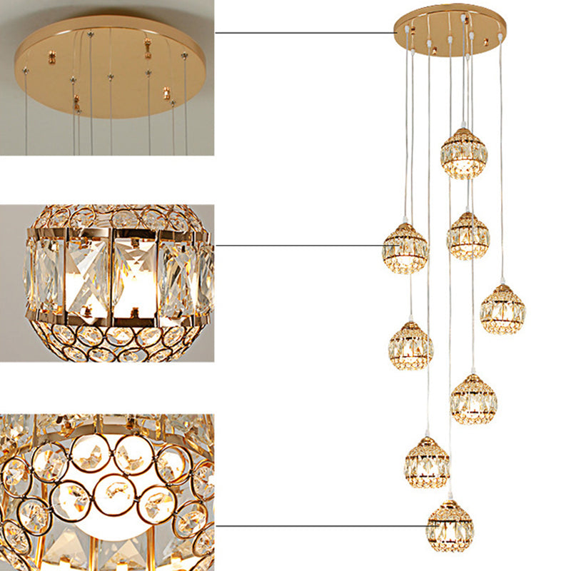 Crystal Encrusted Sphere Multi-Light Pendant Modern Style Ceiling Hanging Lantern in Gold for Staircase Clearhalo 'Ceiling Lights' 'Modern Pendants' 'Modern' 'Pendant Lights' 'Pendants' Lighting' 2462193